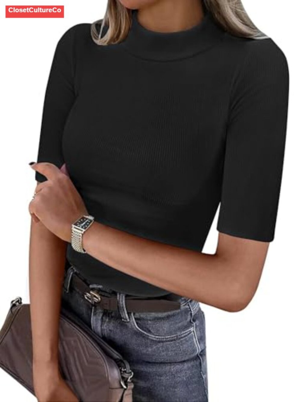 Women's Ribbed Knit Mock Neck Half Sleeve Fitted T-Shirt